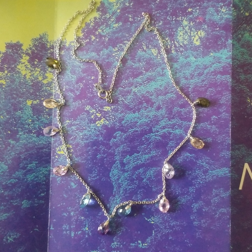 Elegant 16" 14K White Gold Necklace & Earring W/ Genuine Semi-Precious Gemstones